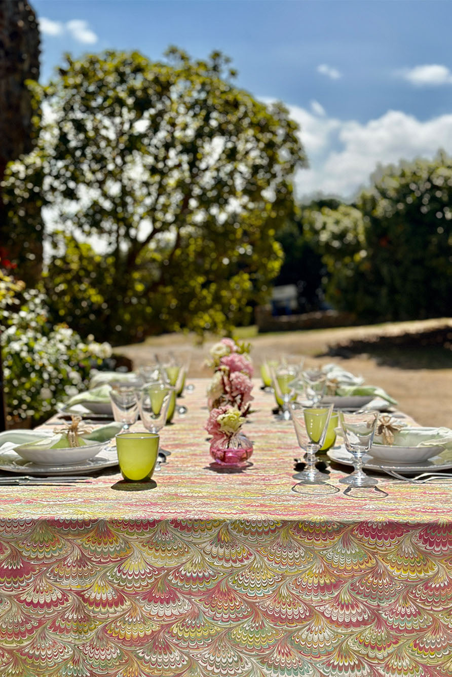 'Marble Fan' Linen Tablecloth in Pink, Green & Yellow