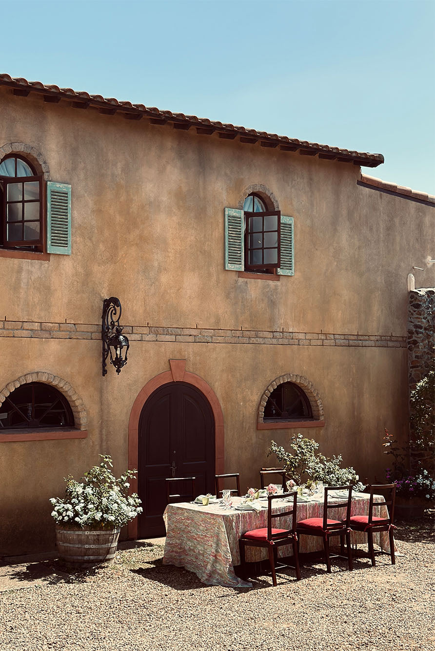 'Marble Fan' Linen Tablecloth in Pink, Green & Yellow
