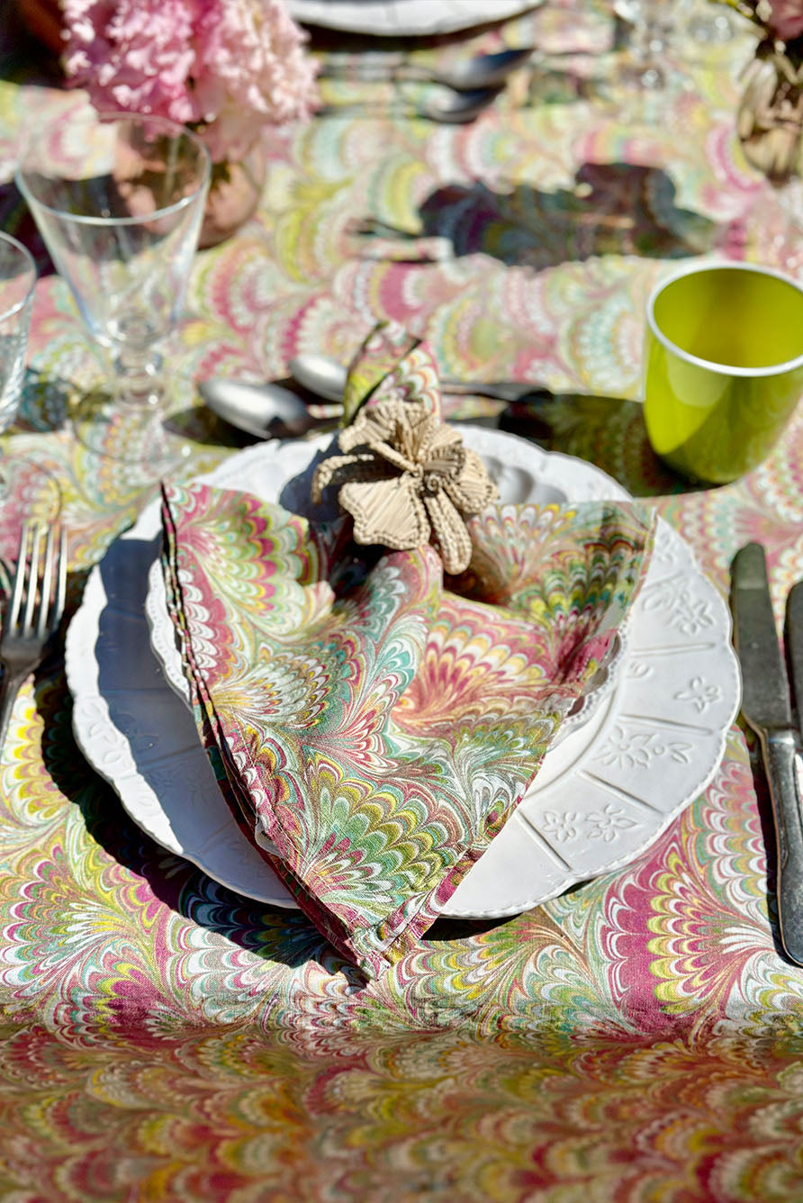 'Marble Fan' Linen Tablecloth in Pink, Green & Yellow