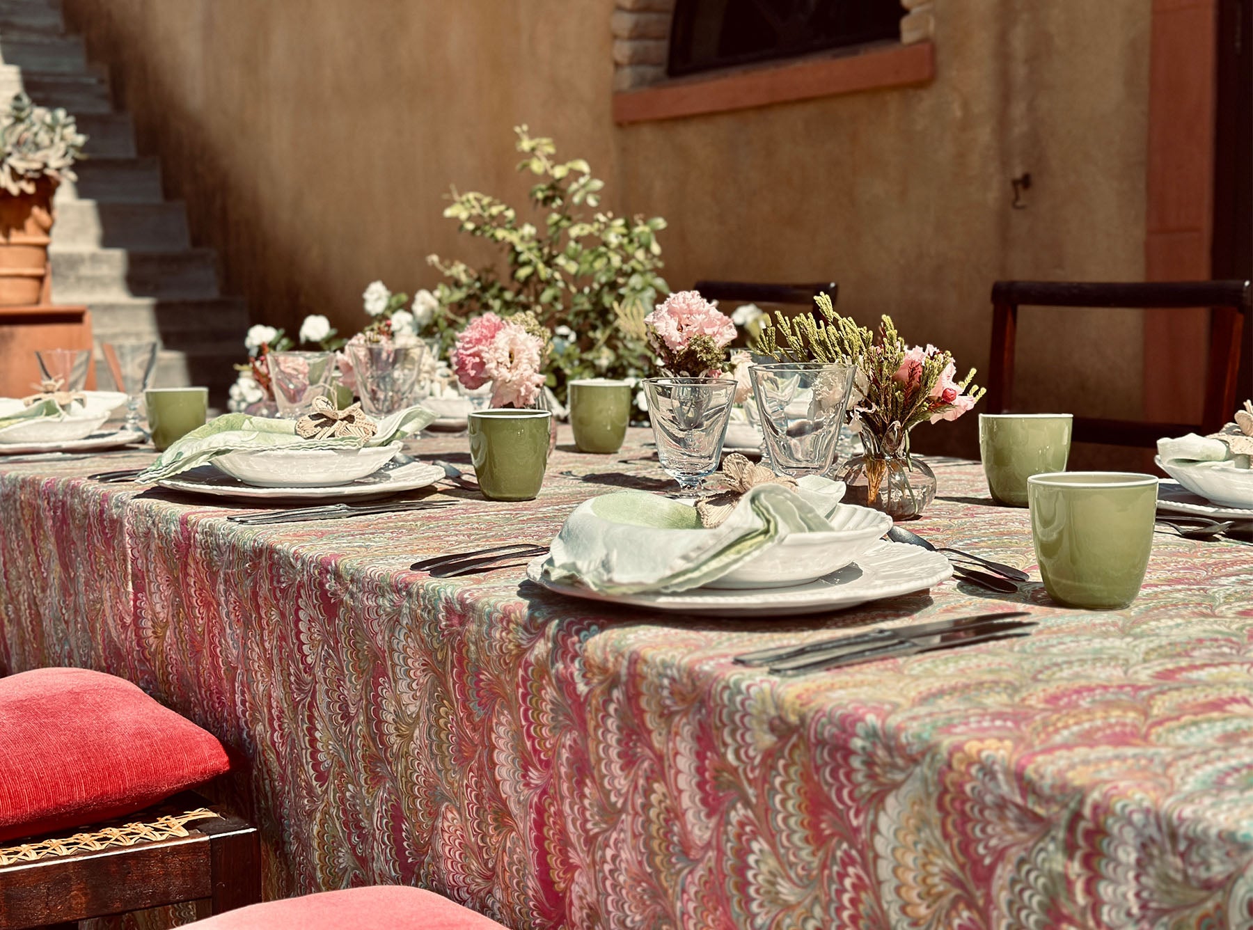 'Marble Fan' Linen Tablecloth in Pink, Green & Yellow