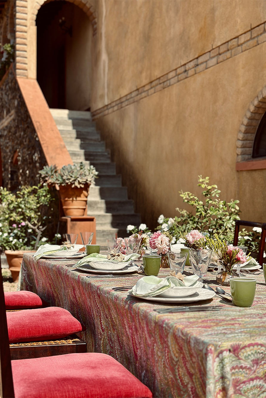 'Marble Fan' Linen Tablecloth in Pink, Green & Yellow