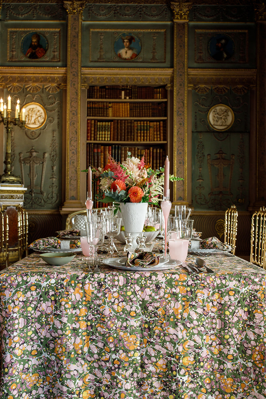 Summerill & Bishop 'Marble' Linen Tablecloth in Green, Rose Pink & Orange