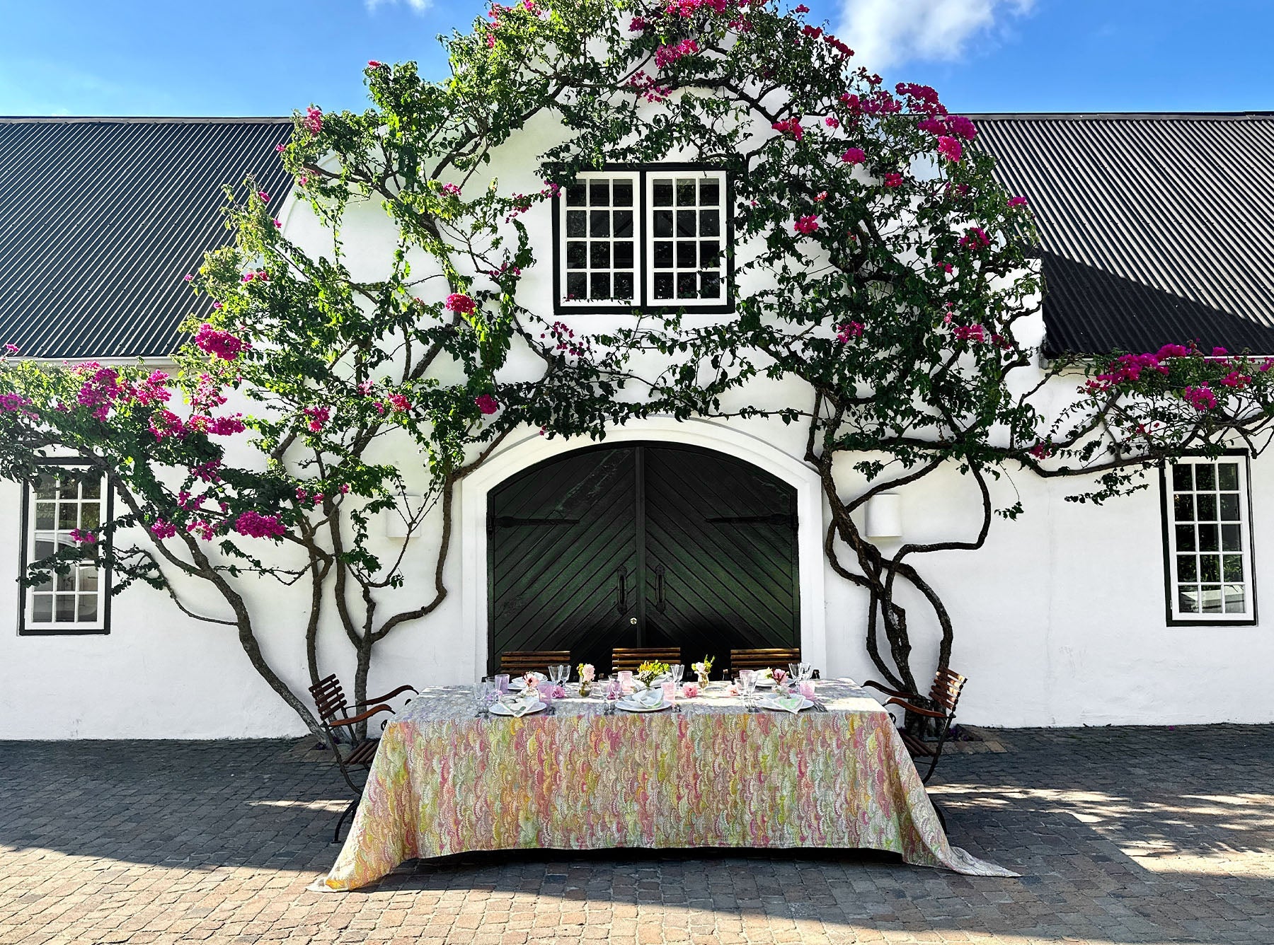 'Marble Fan' Linen Tablecloth in Pink, Green & Yellow
