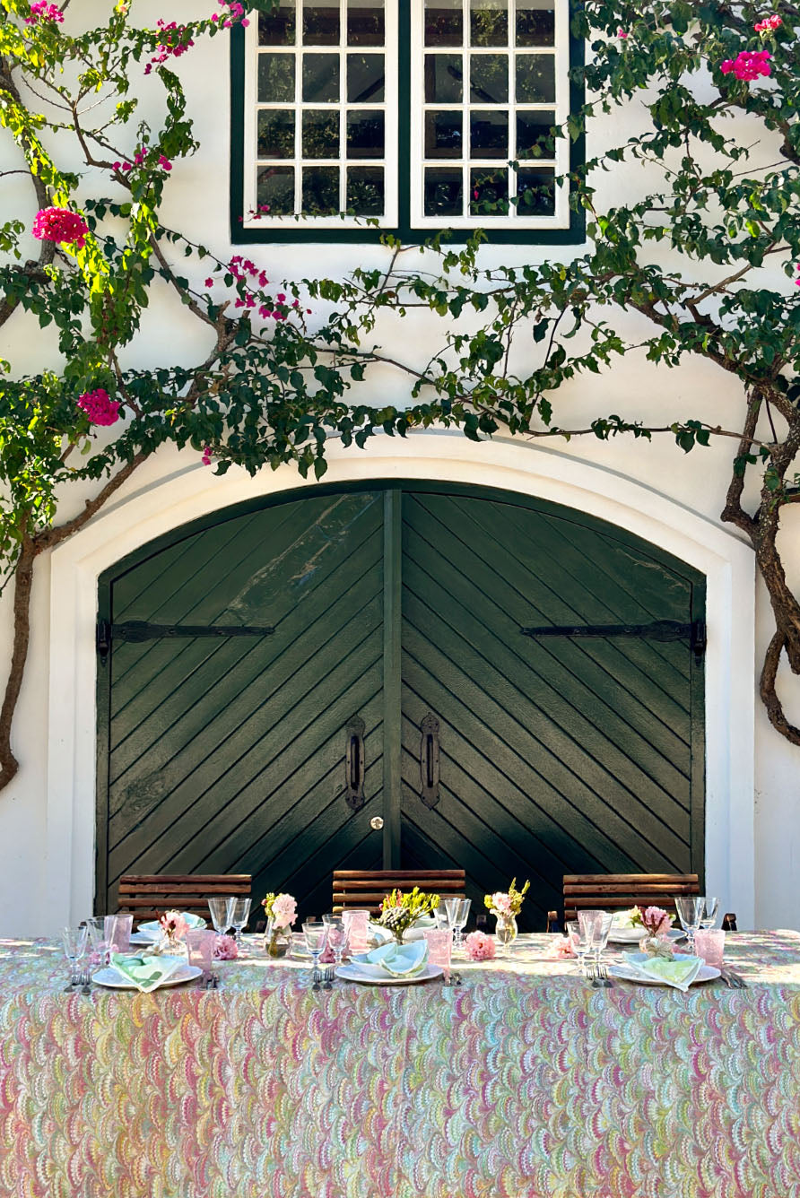 'Marble Fan' Linen Tablecloth in Pink, Green & Yellow