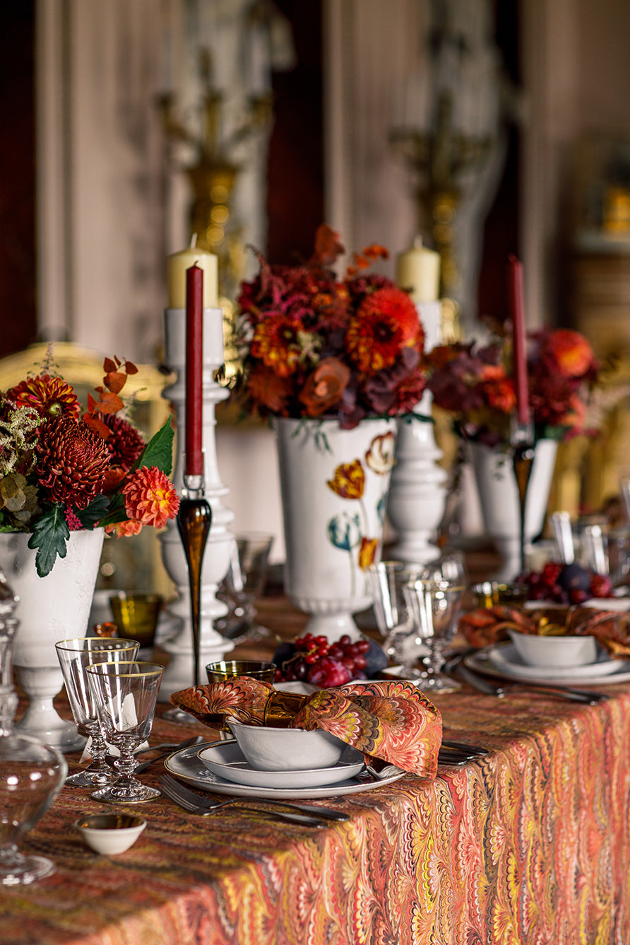 'Marble Fan' Linen Tablecloth in Rust Red, Yellow & Orange