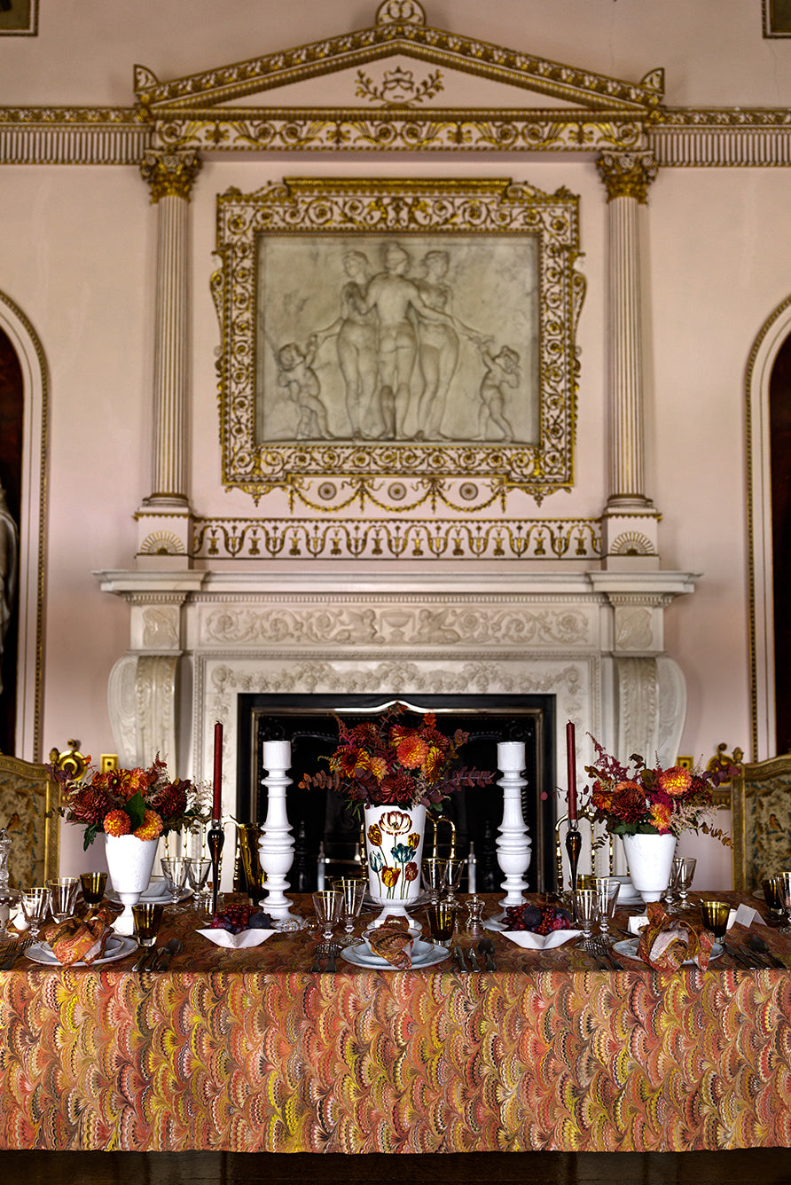 'Marble Fan' Linen Tablecloth in Rust Red, Yellow & Orange