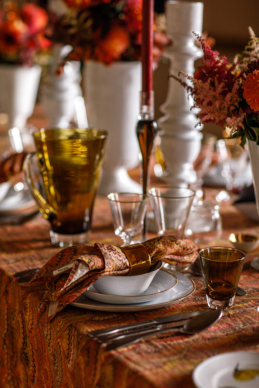 'Marble Fan' Linen Tablecloth in Rust Red, Yellow & Orange