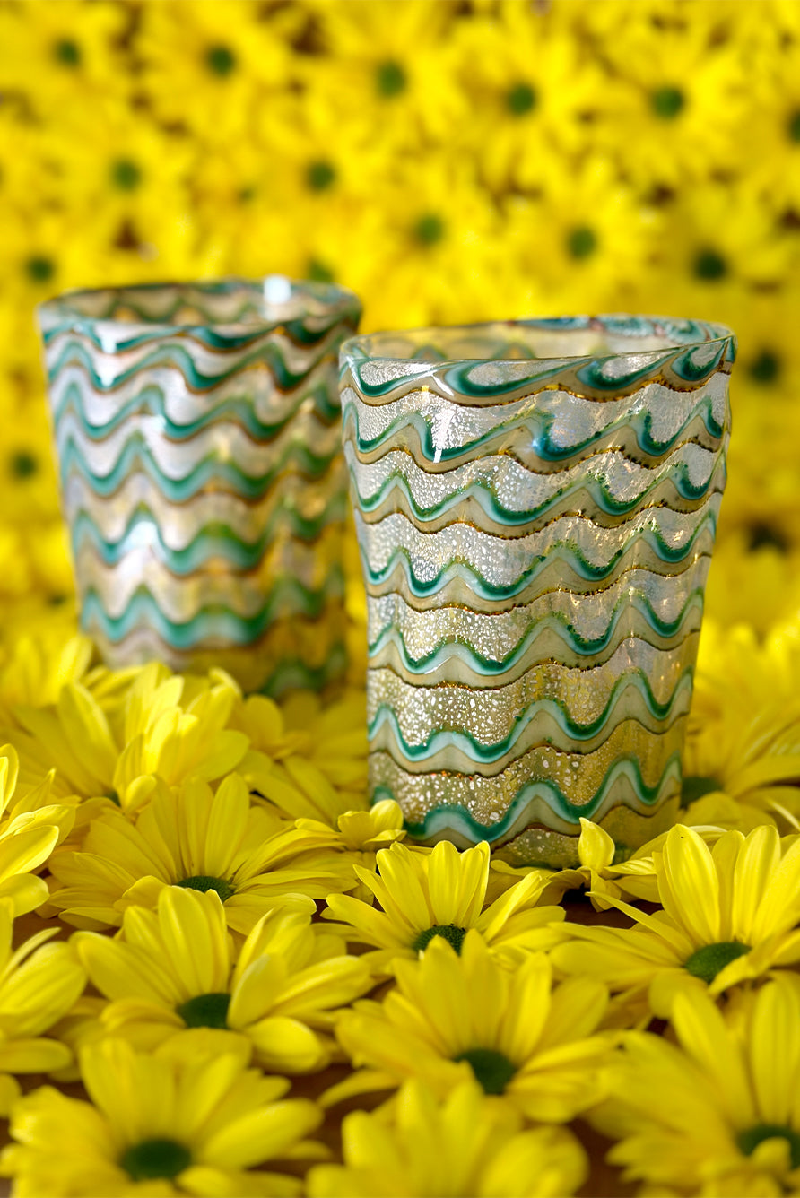 Handblown Murano Glass Wave Tumbler in Green & Gold