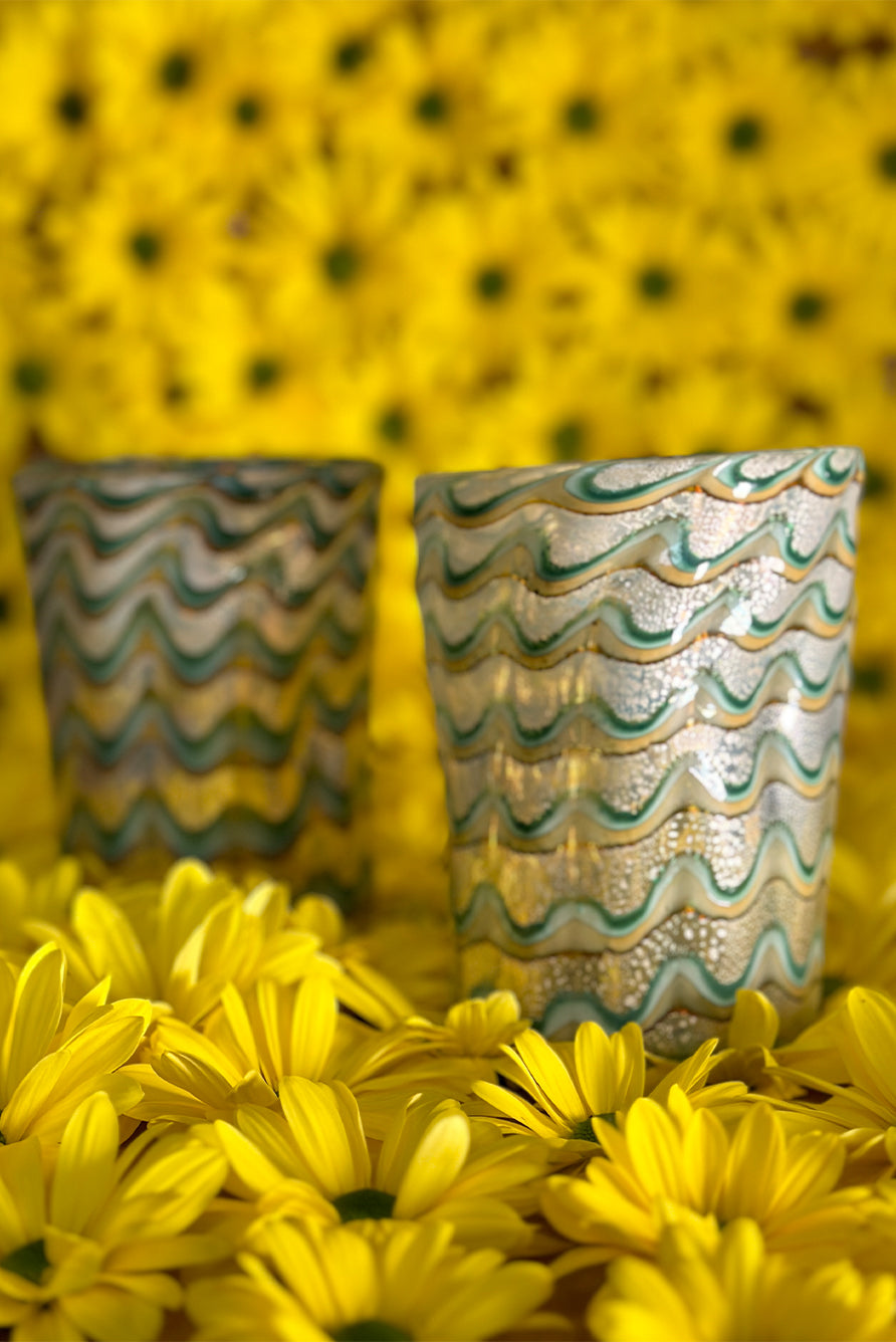 Handblown Murano Glass Wave Tumbler in Green & Gold