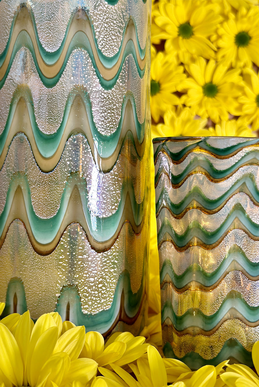 Handblown Murano Glass Wave Jug in Green & Gold
