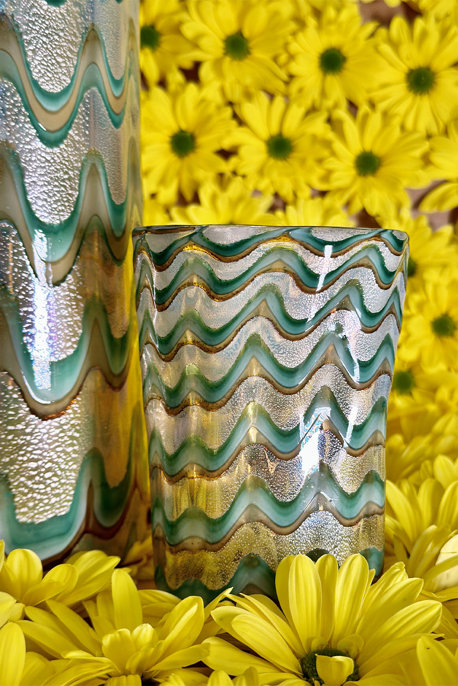 Handblown Murano Glass Wave Jug in Green & Gold