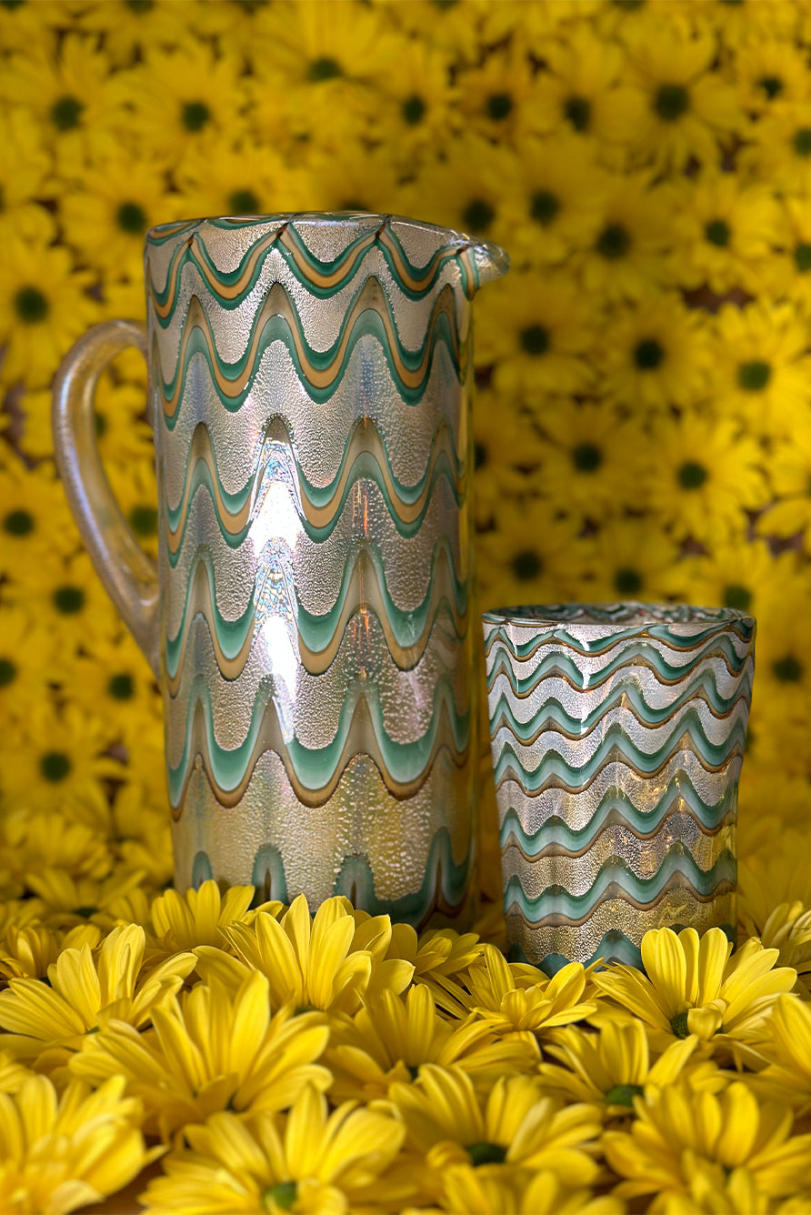 Handblown Murano Glass Wave Jug in Green & Gold