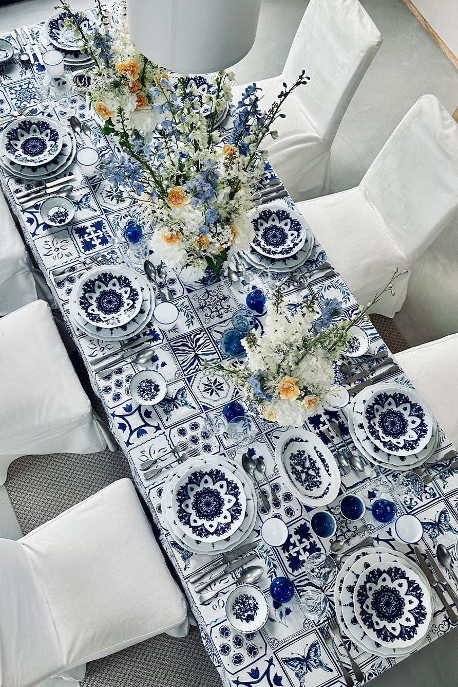 'Azulejos' Tile Linen Tablecloth in Blue