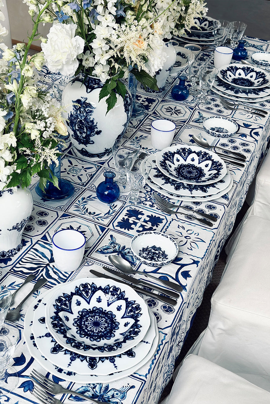 'Azulejos' Tile Linen Napkin in Blue, 50x50cm