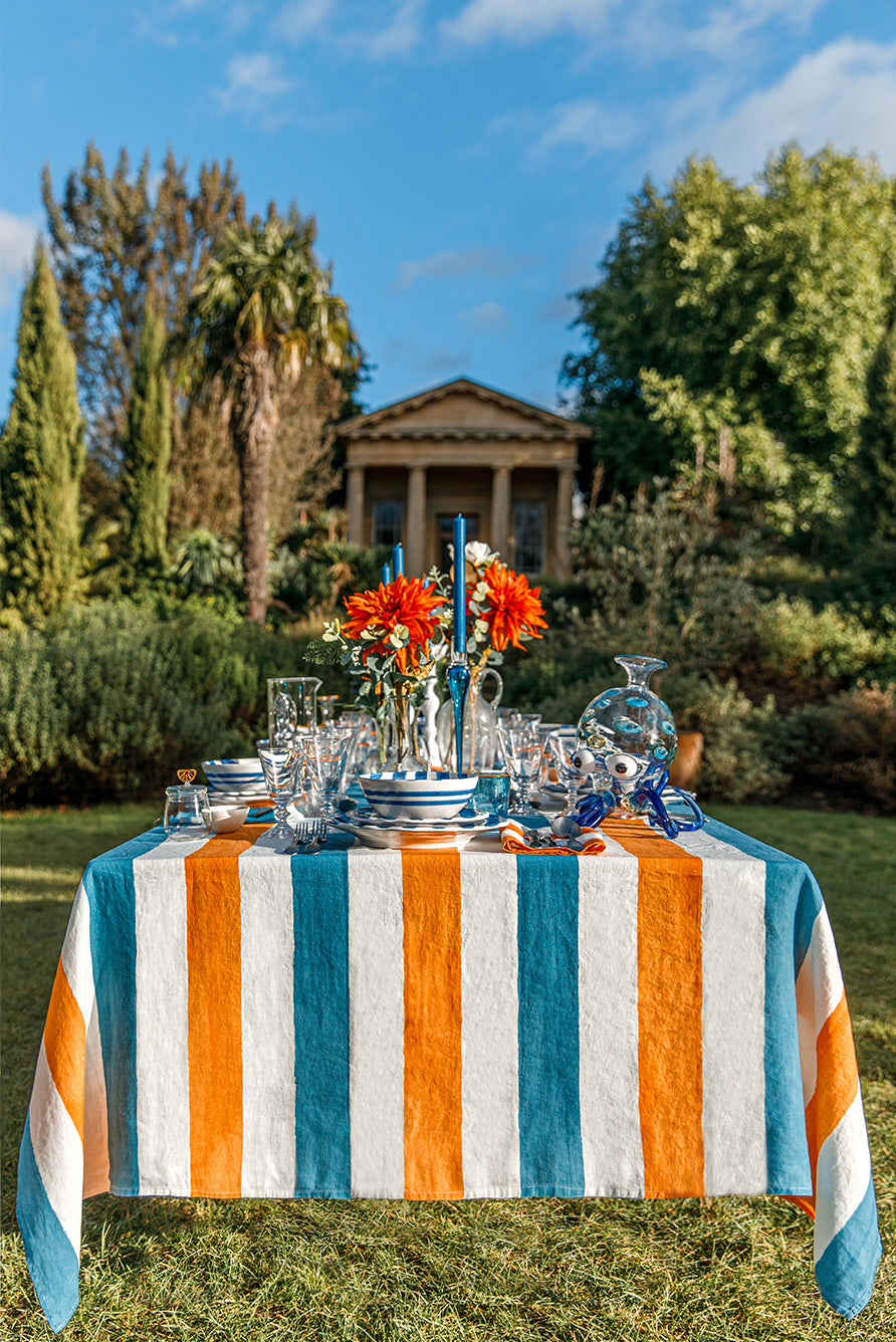 'Stripe' Linen Napkin in White & Orange, 50x50cm