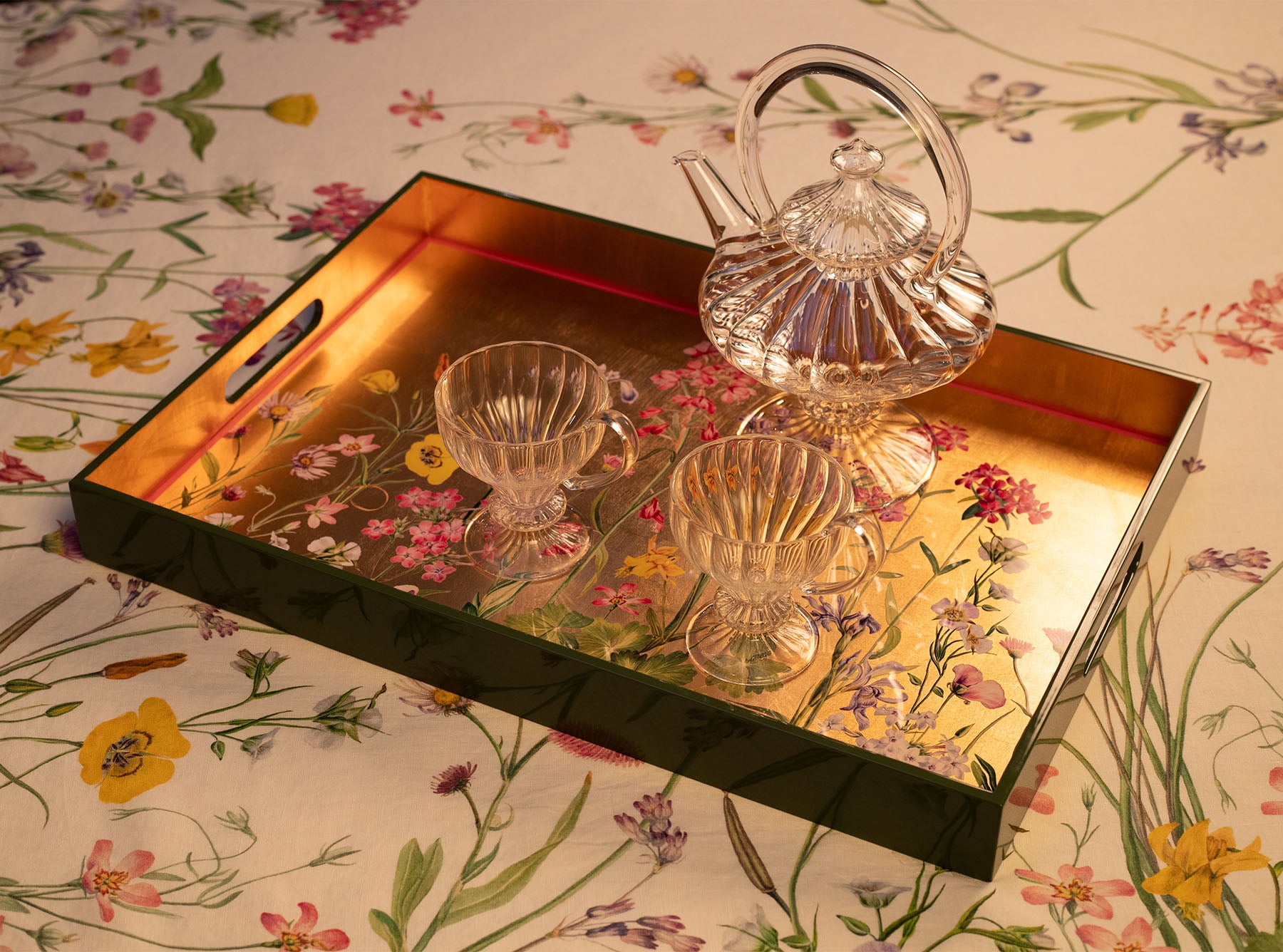 S&B Gold Leaf 'Our June' Floral Rectangular Lacquered Tray, 50cm x 40cm