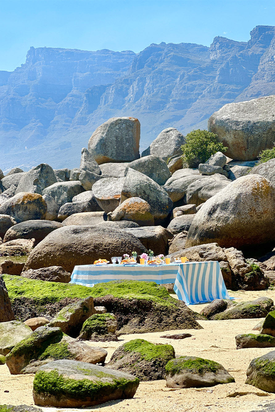 'Stripe' Linen Napkin in White & Pale Blue, 50x50cm