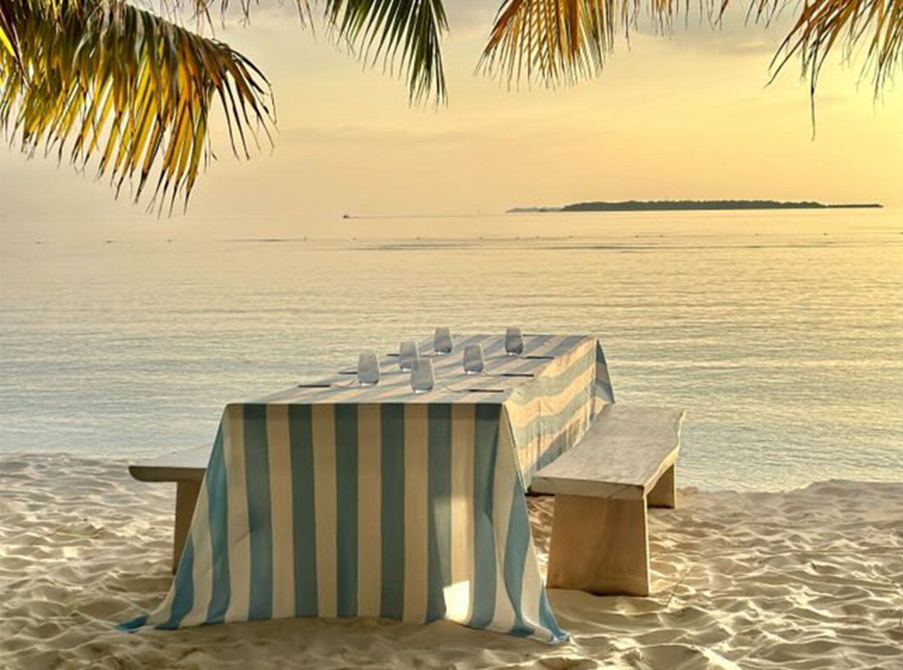 'Stripe' Linen Tablecloth in White & Pale Blue