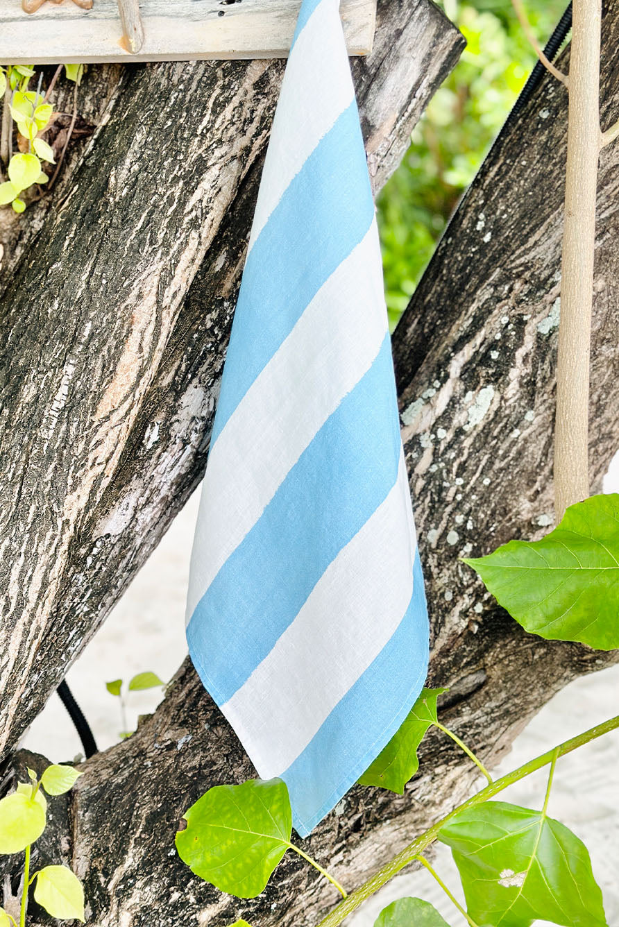'Stripe' Linen Tablecloth in White & Pale Blue