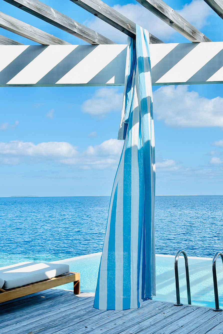 'Stripe' Linen Tablecloth in White & Pale Blue