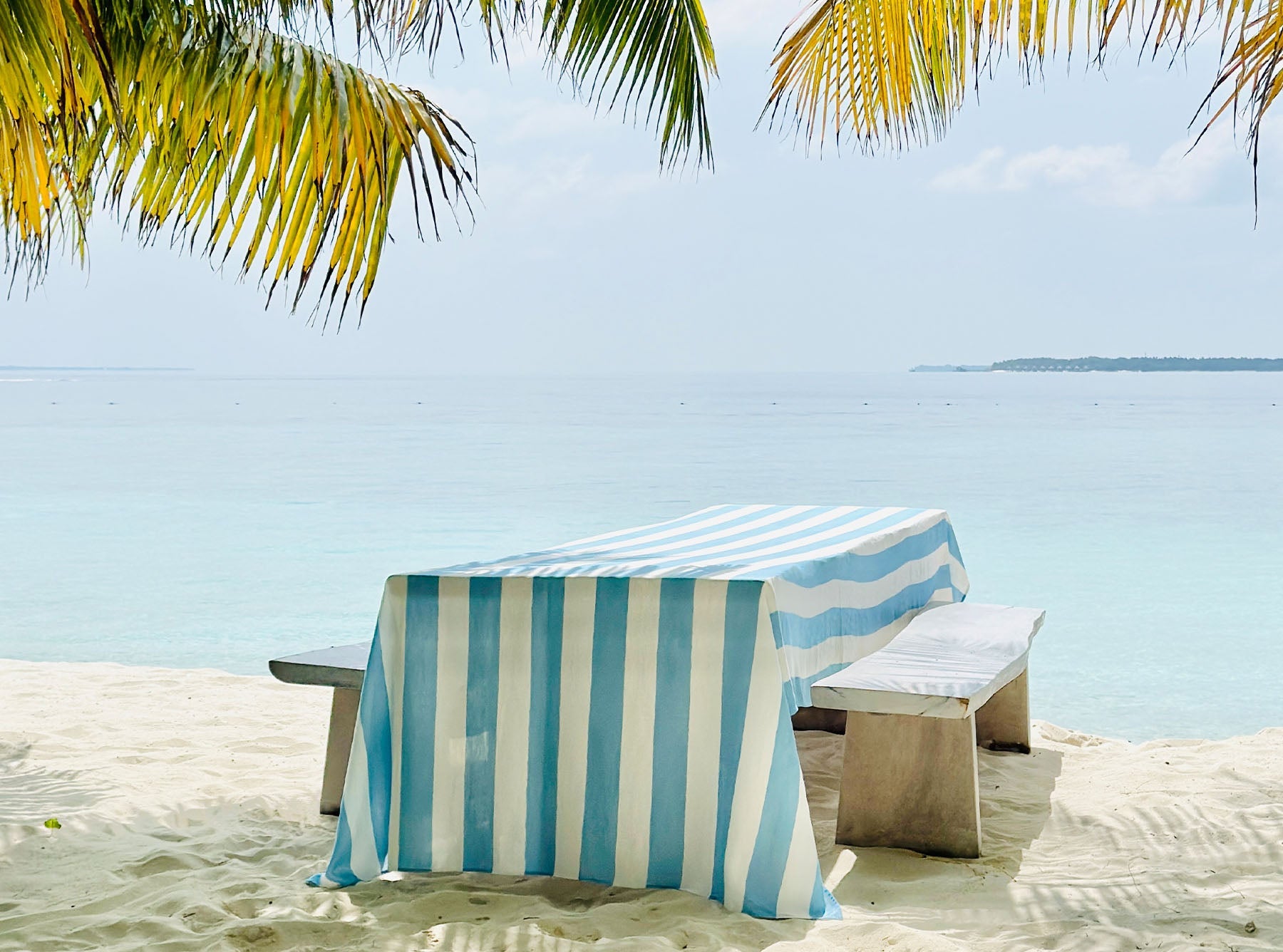 'Stripe' Linen Tablecloth in White & Pale Blue
