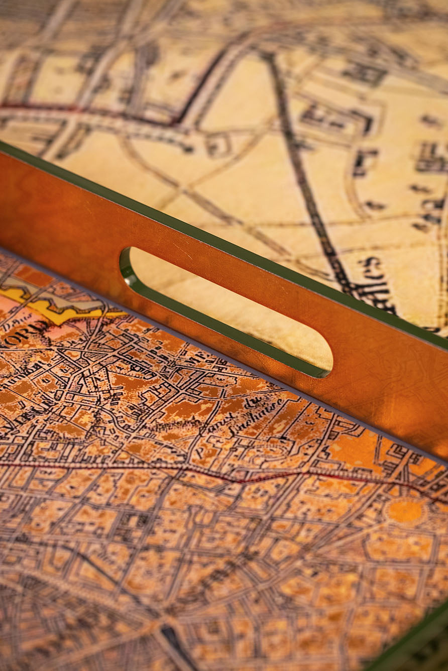 S&B Gold Leaf 'Paris Map' Rectangular Lacquered Tray, 40cm x 35cm