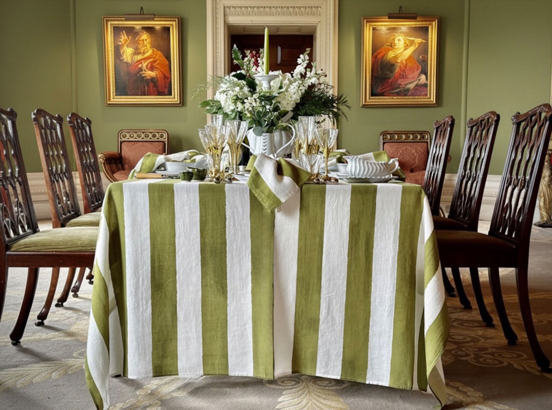 'Stripe' Linen Tablecloth in White & Green