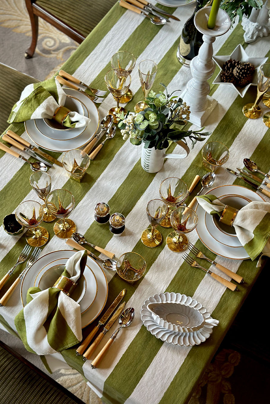 'Stripe' Linen Napkin in White & Avocado Green, 50x50cm