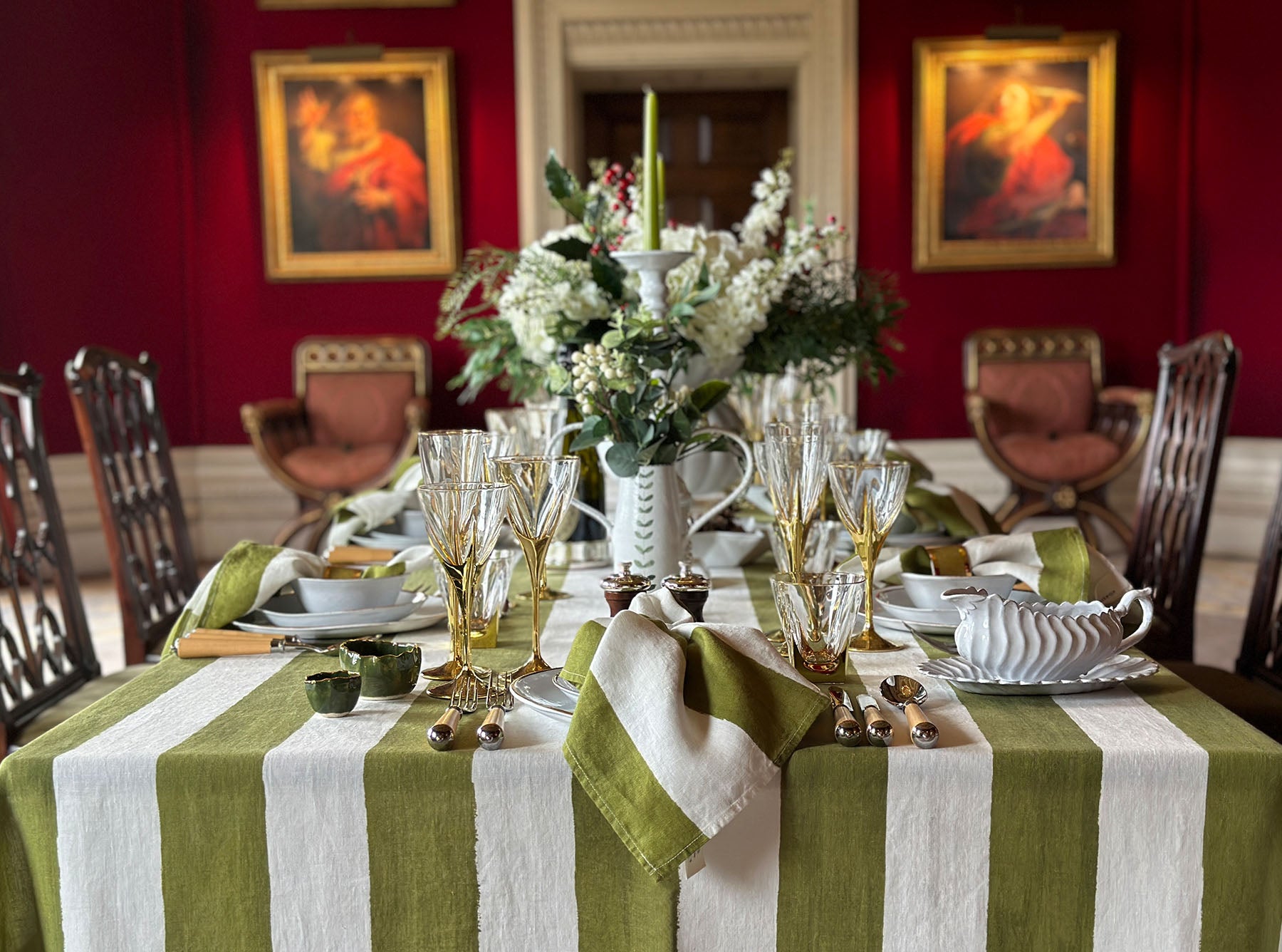 'Stripe' Linen Tablecloth in White & Green