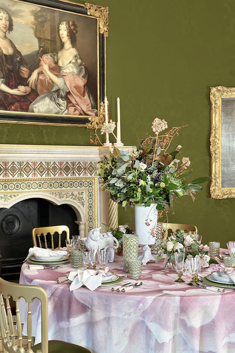 Pink Painted 'Peony' Linen Tablecloth, 260cm