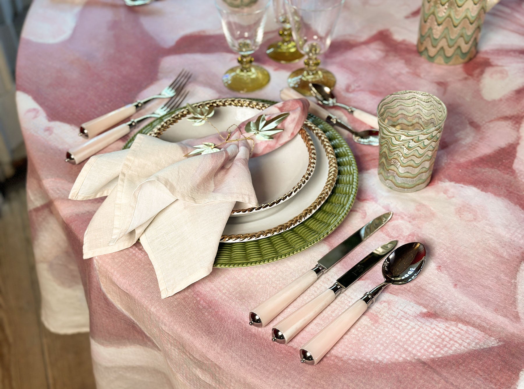 Pink Painted 'Peony' Linen Tablecloth, 260cm