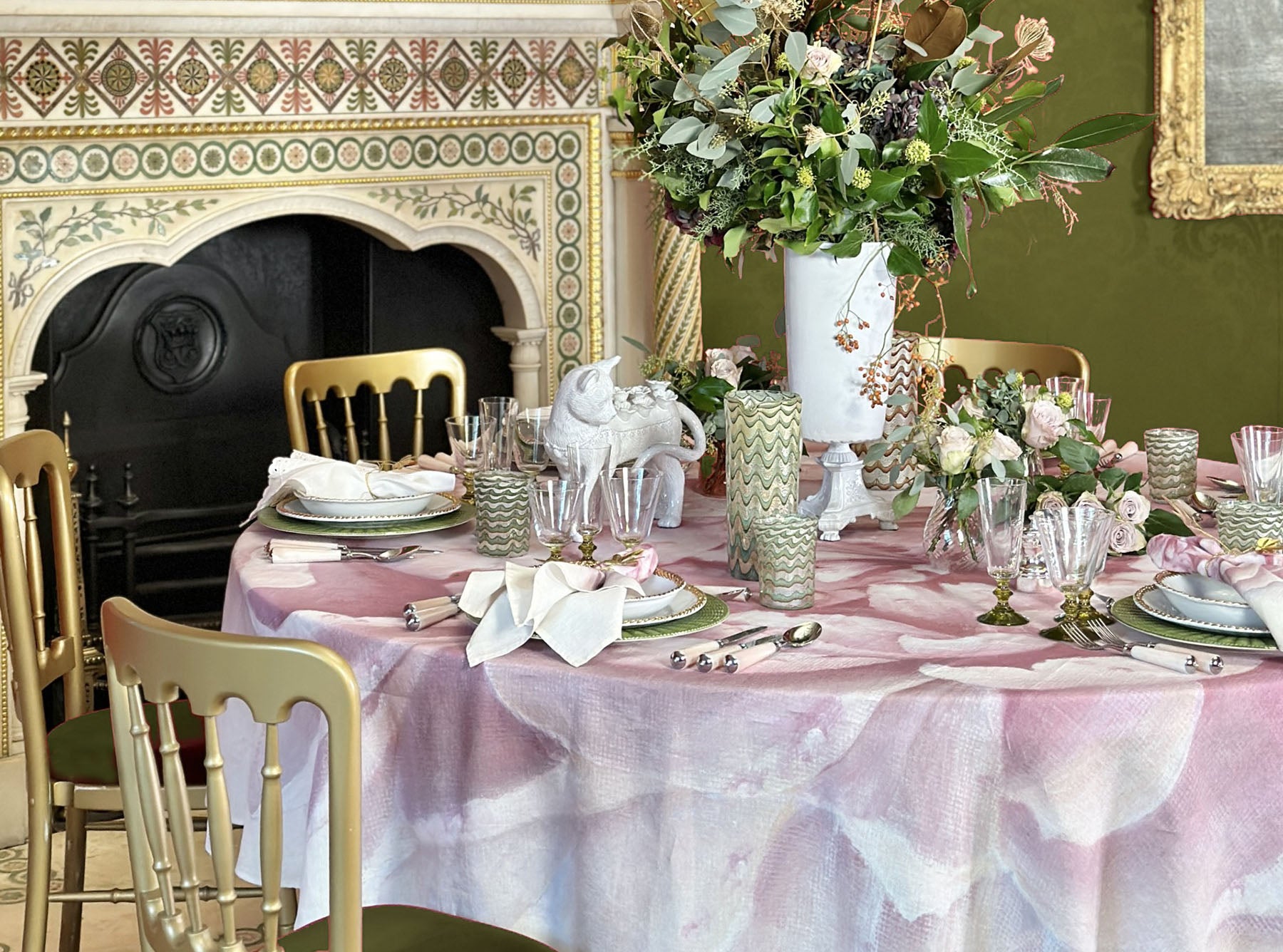 Pink Painted 'Peony' Linen Tablecloth, 260cm