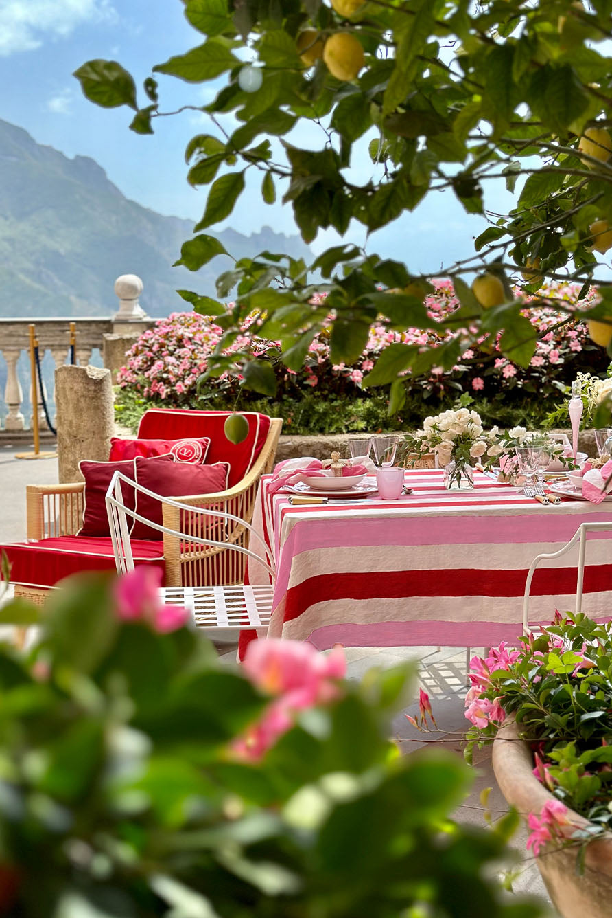 'Stripe' Linen Tablecloth in Raspberry Red & Rose Pink