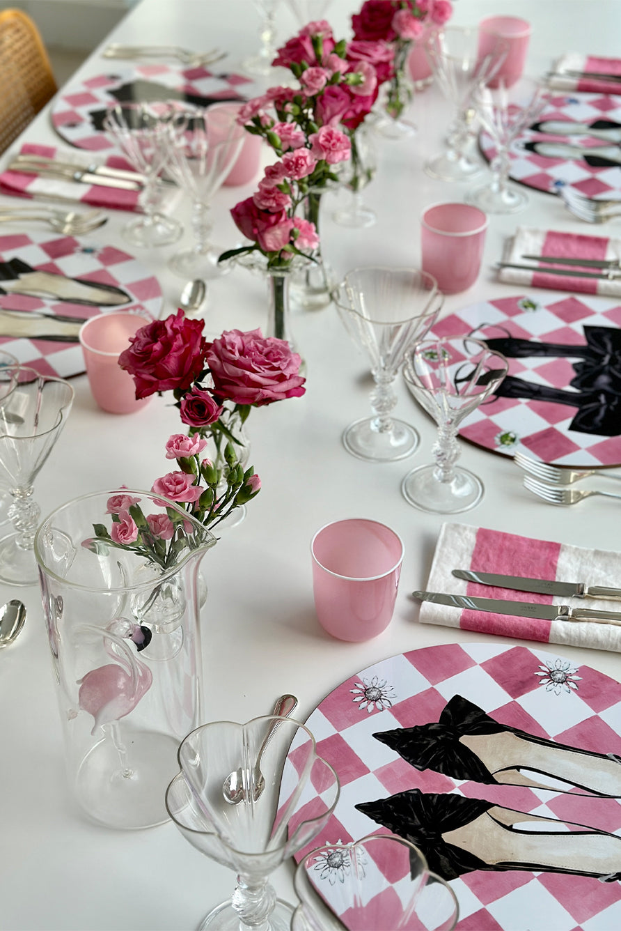 Set of 6 Shoe Check & Crystal Round Cork-Backed Placemats in Rose Pink, 34cm