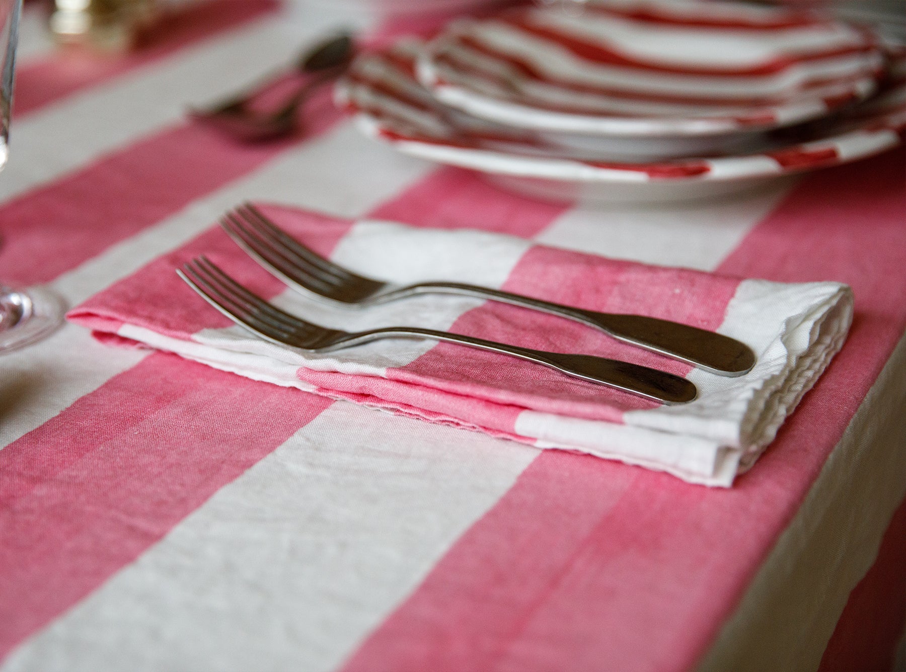 'Stripe' Linen Napkin in White & Rose Pink, 50x50cm