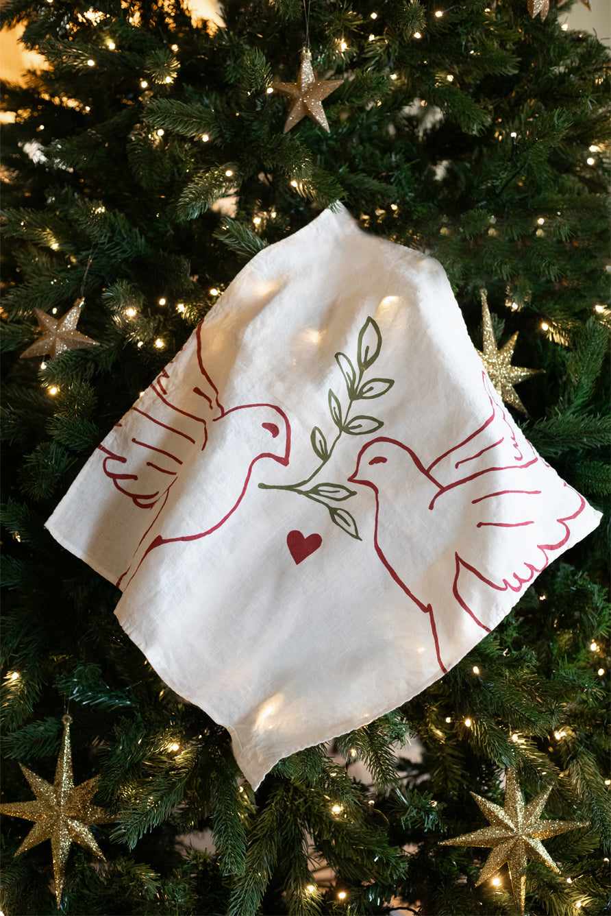 Red 'Doves' Linen Napkin, 50x50cm