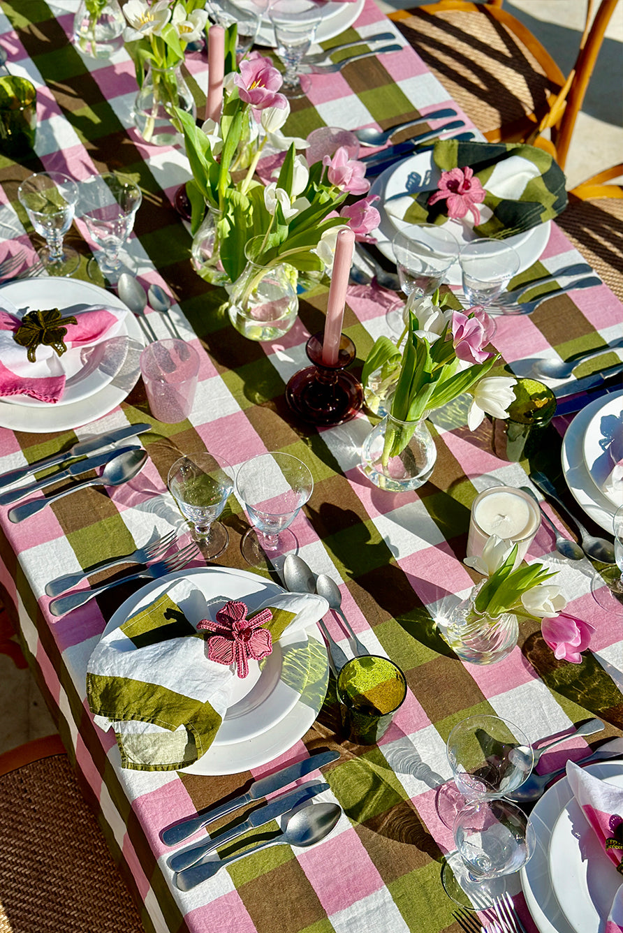 'Gingham' Linen Tablecloth in Rose Pink & Avocado Green