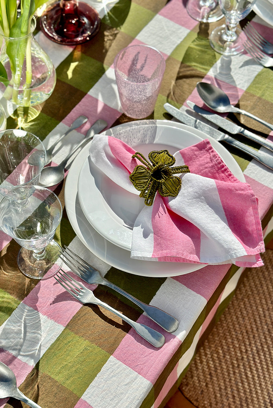 'Gingham' Linen Napkin in Rose Pink & Avocado Green
