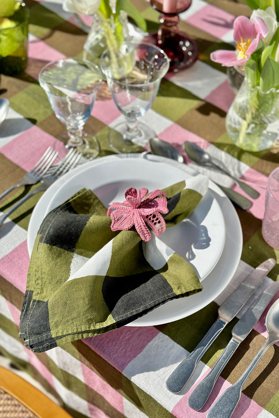 'Gingham' Linen Tablecloth in Rose Pink & Avocado Green