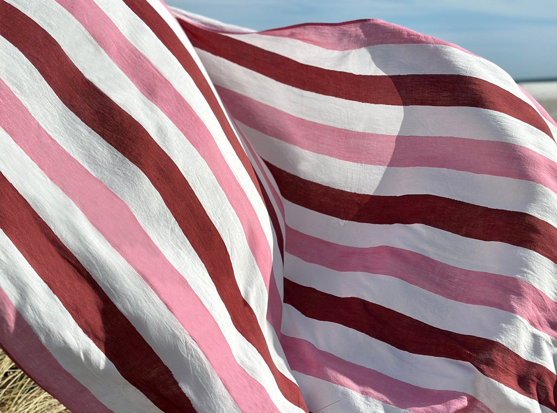 'Stripe' Linen Tablecloth in Raspberry Red & Rose Pink