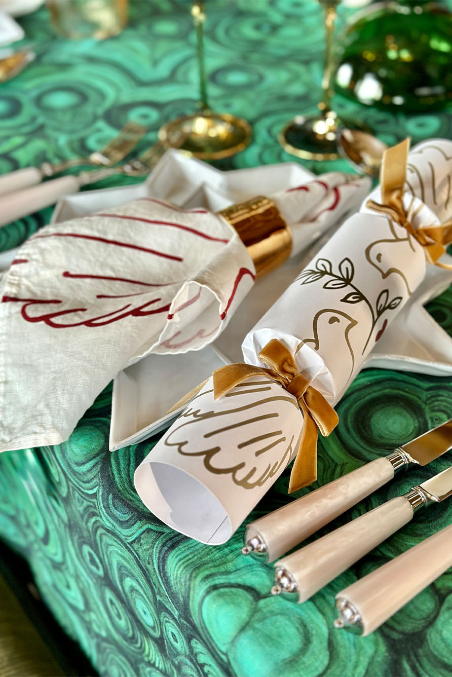 Christmas Crackers with 'Gold Doves' Print and Gold Velvet Bows, Box of 6 (UK ONLY)
