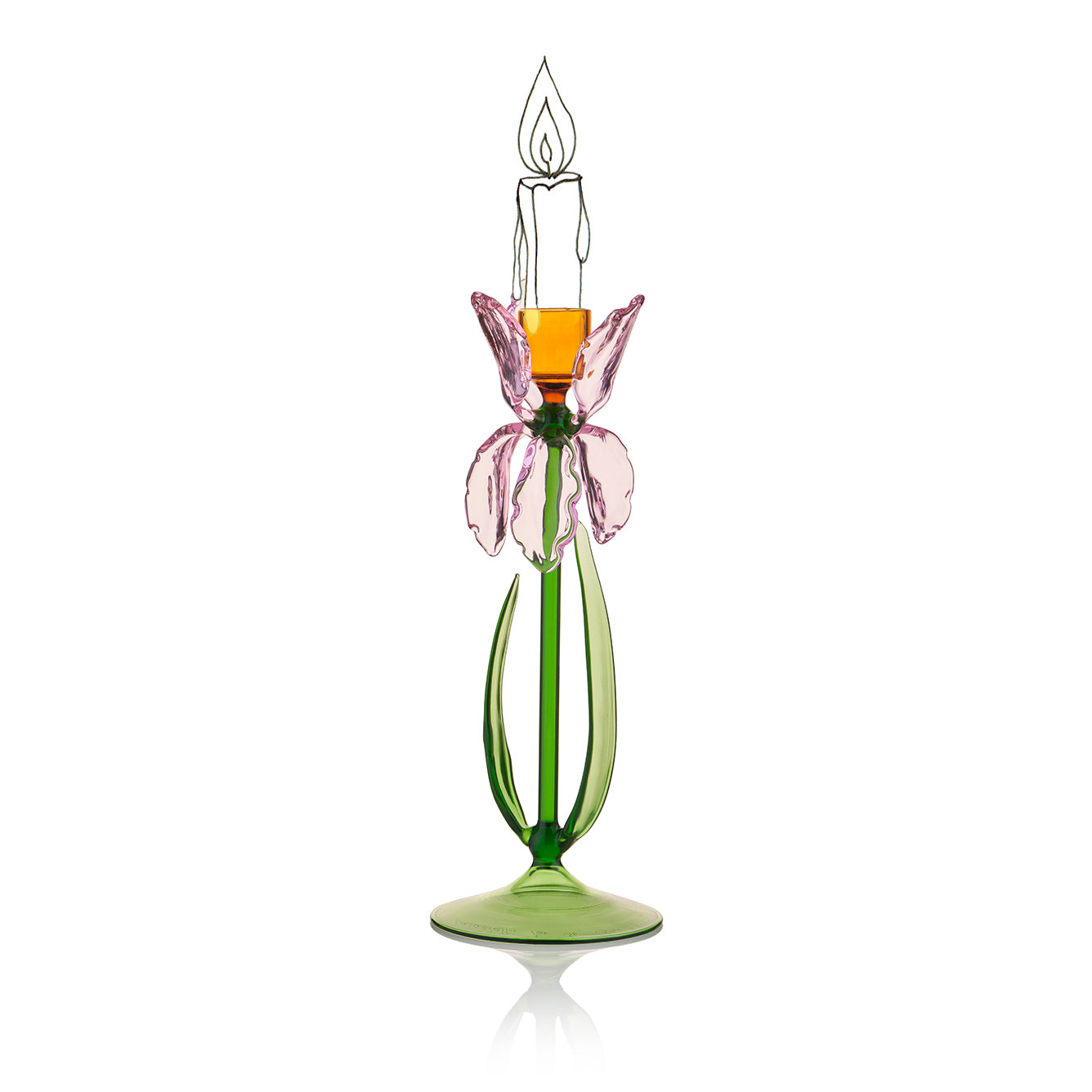 S&B Exclusive Handblown Murano Iris Candlestick in Pink, 27cm