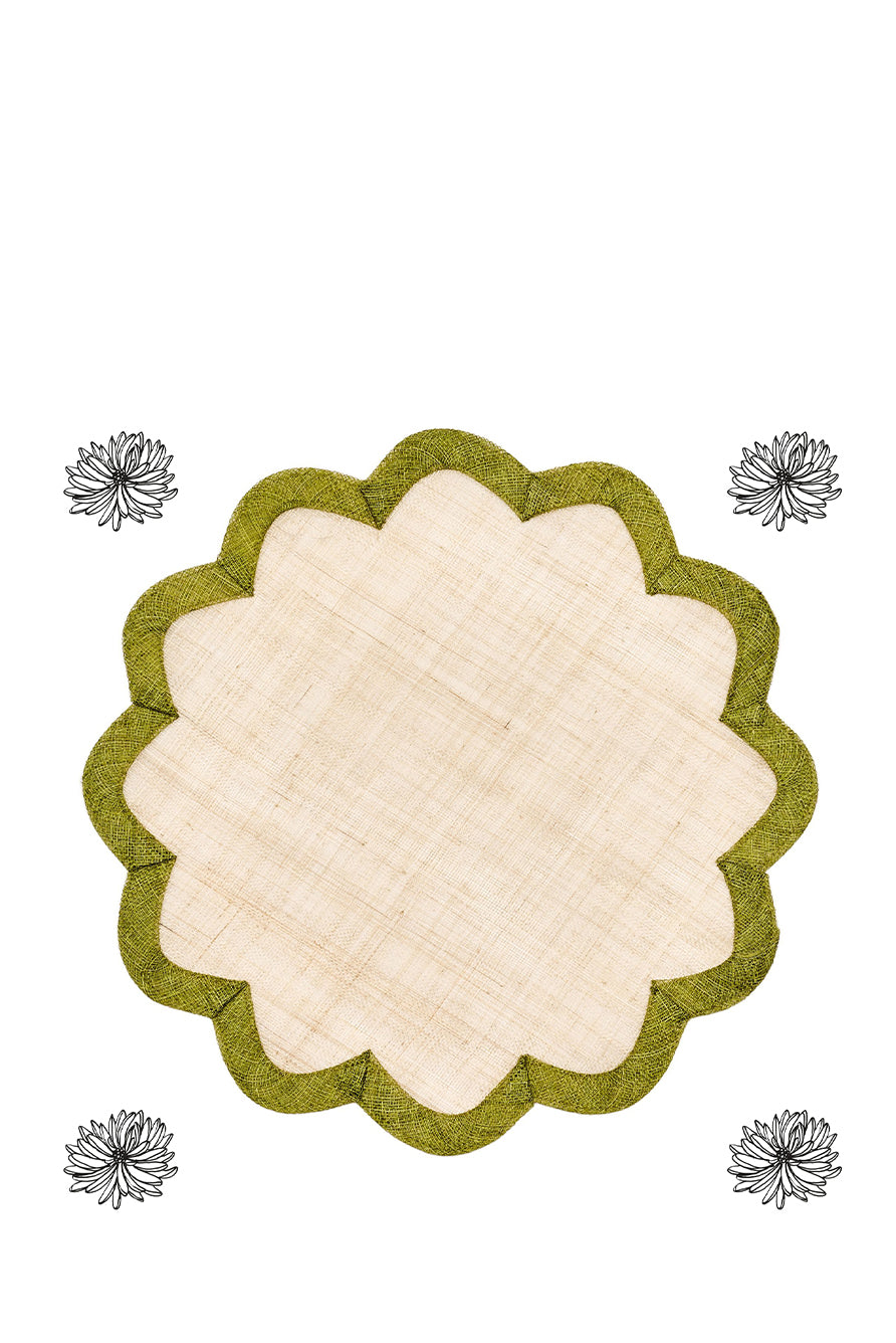 Scallop Border Sinamay Placemat in Natural and Green, 40cm