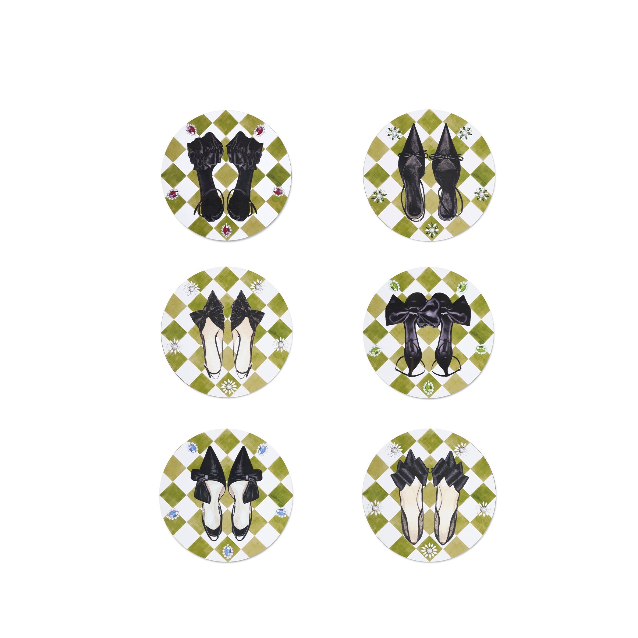 Set of 6 Shoe Check & Crystal Round Cork-Backed Placemats in Avocado Green, 34cm