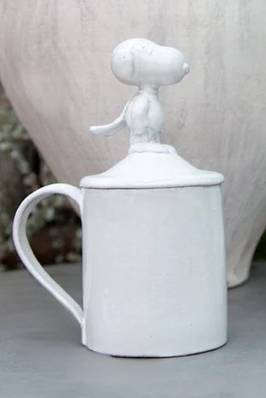 White ceramic mug with a dog-shaped handle on a neutral background