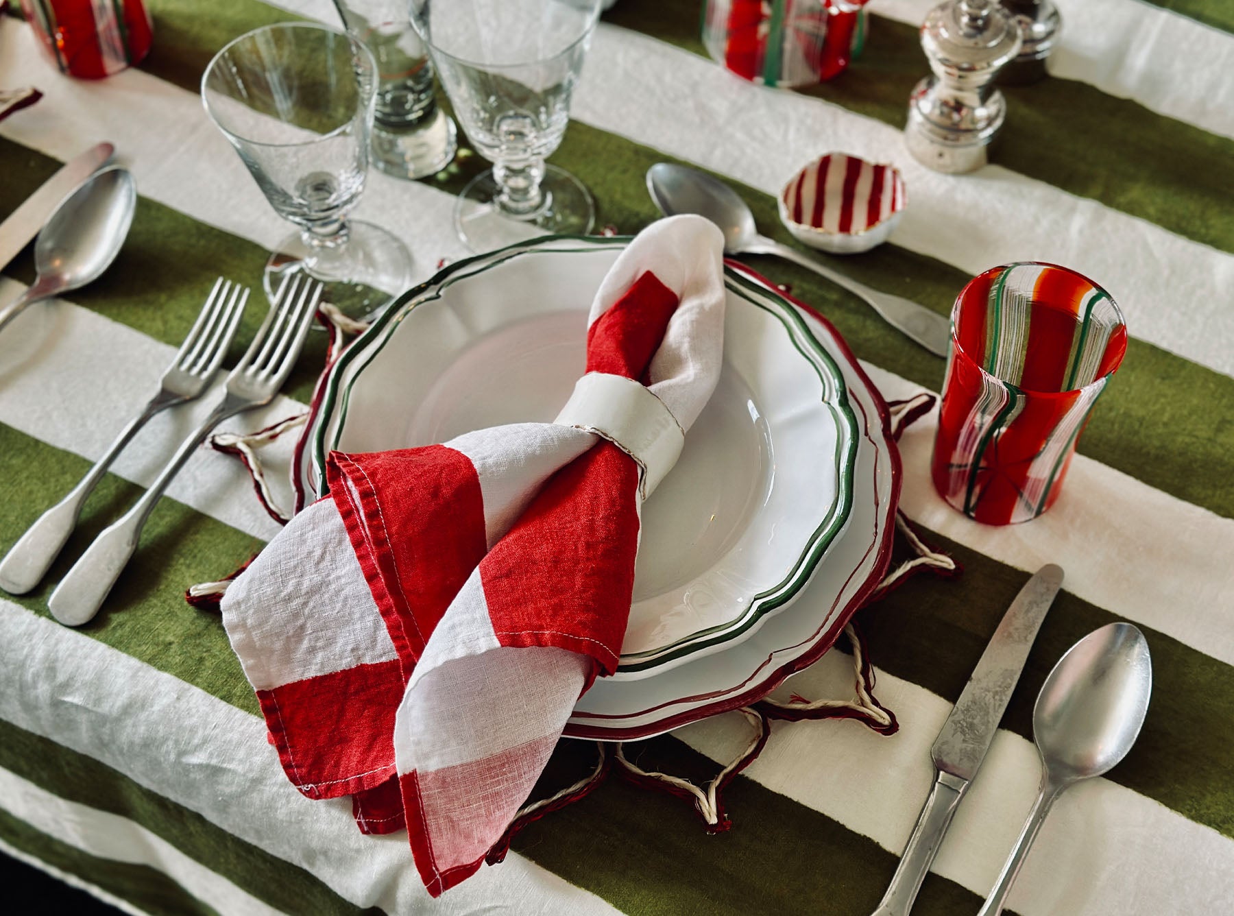 'Stripe' Linen Tablecloth in White & Green