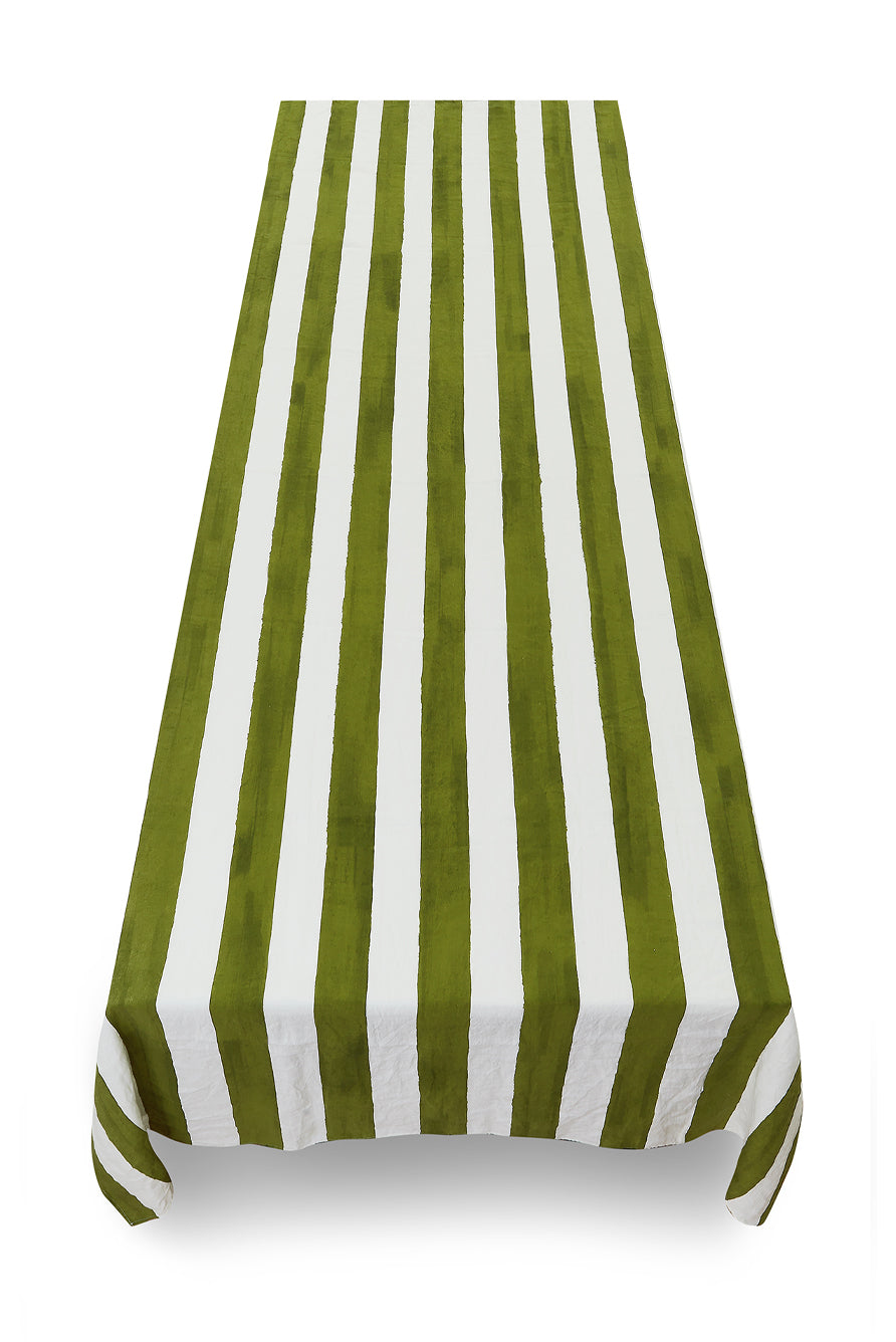 'Stripe' Linen Tablecloth in White & Green