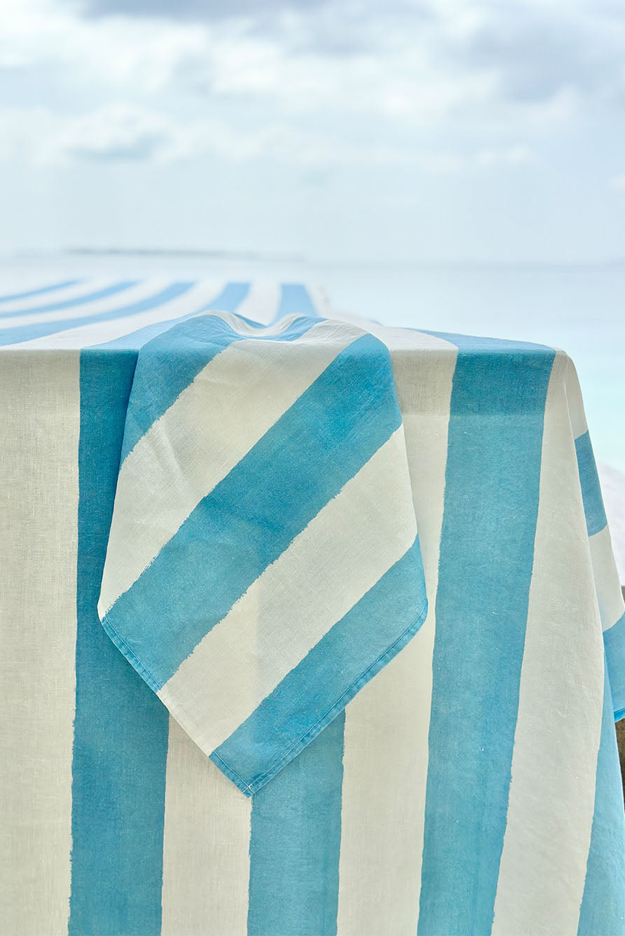 'Stripe' Linen Tablecloth in White & Pale Blue