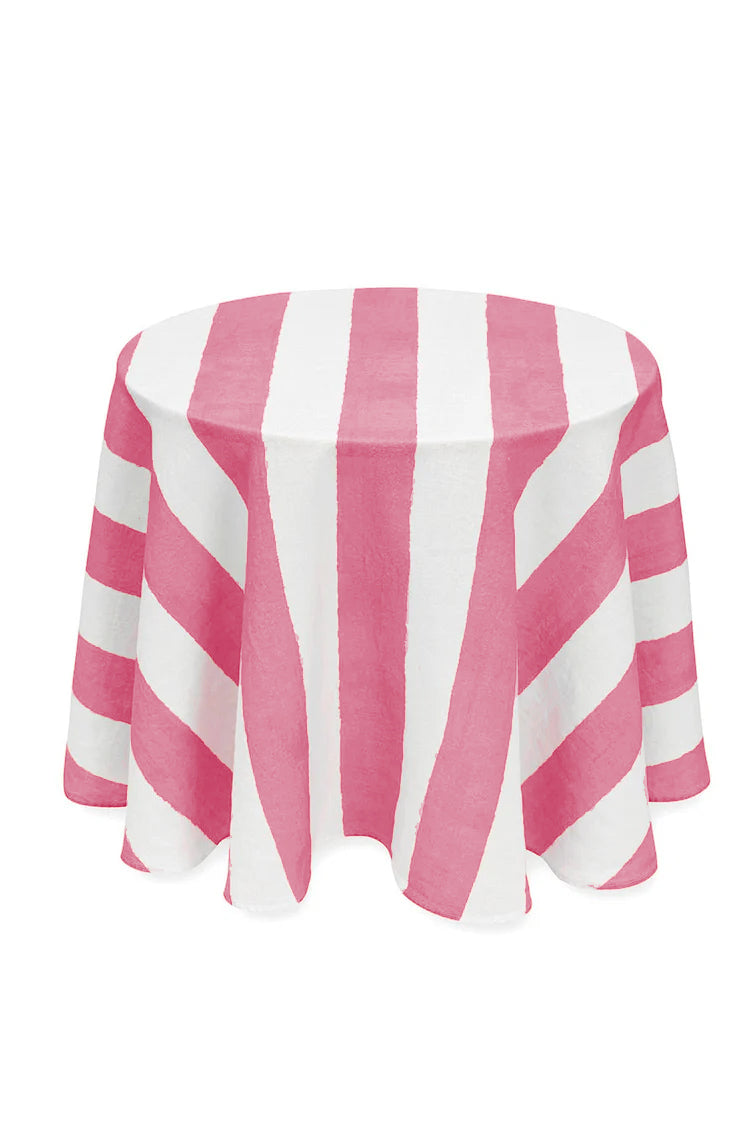 'Stripe' Round Occasional Linen Tablecloth in Rose Pink, 165cm
