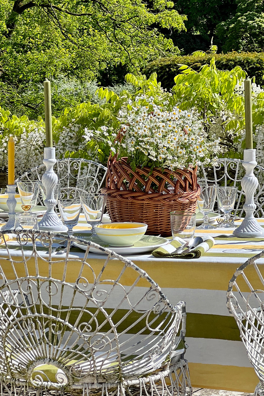 'Stripe' Linen Tablecloth in Avocado Green & Lemon Yellow